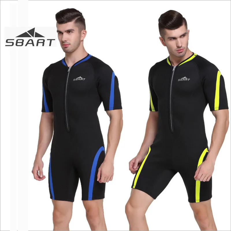 

SBART 2mm Neoprene Men Short Sleeve One-piece Wetsuit Snorkeling Surfing Scuba Diving Suit Front Zip Thicken warm Swimwear