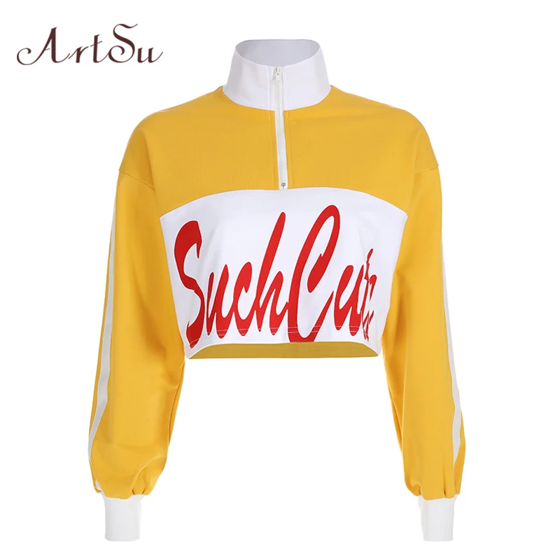

ArtSu Letter Printed Oversized Hoodie Harajuku Yellow Crop Hoodies Sweatshirts Pullover Cute Hoody Sudadera Mujer ASHO20337