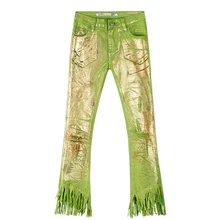 Летние весенние модные женские зеленые цветные рваные джинсовые Капри с кисточками, брюки-карандаш для женщин, эластичные расклешенные джинсовые брюки