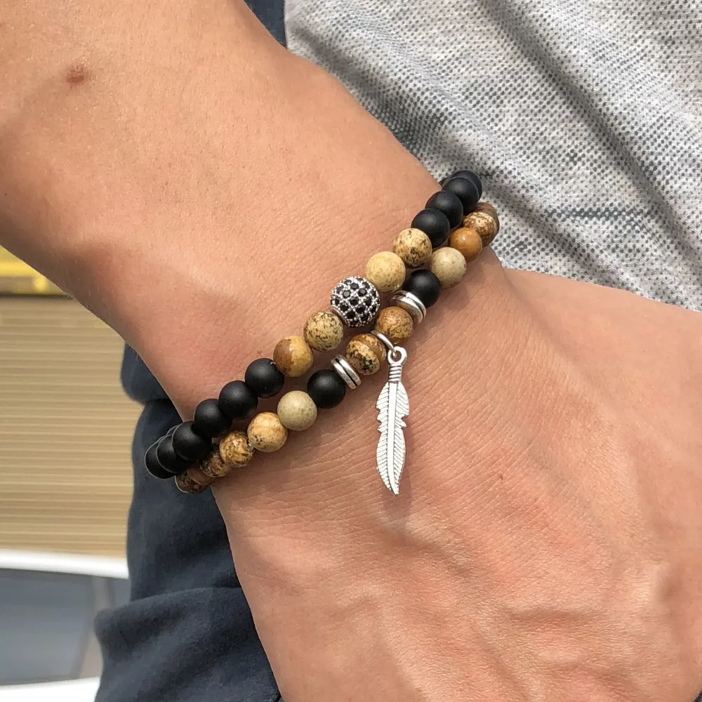 

2 Pcs/Set Natural Stone Beads Bracelet Fancy Feather Shark Tail Cross Braclet For Men Hand Biker Jewelry Pulseras Hombre