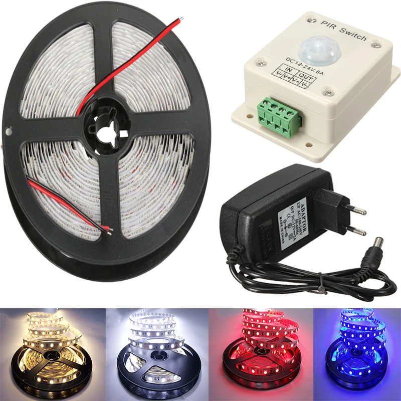 

5050 LED Strip Waterproof IP20 5M With PIR Sensor 12V Porch security light automatic light switch motion sensor 24W Adaptor