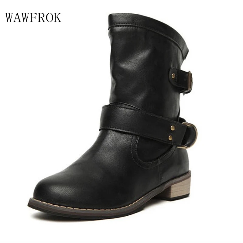 Women PU Leather Round Toe Ankle boots Ladies Fashion Buckle Flat Women ...