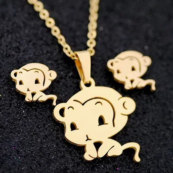 

1 Set Gold Color Cute Monkey Stainless Steel Jewelry Sets Charms Animal Earrings Necklace Women Girls Kids Birthday Gift