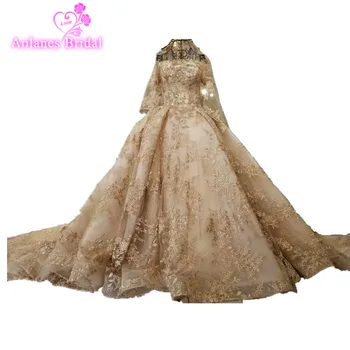 

Real Photos Luxury Heavily Crystal Beaded Arabic Wedding Dress with 2M Royal Train with Match Long Veils Chmpange Wedding Dress