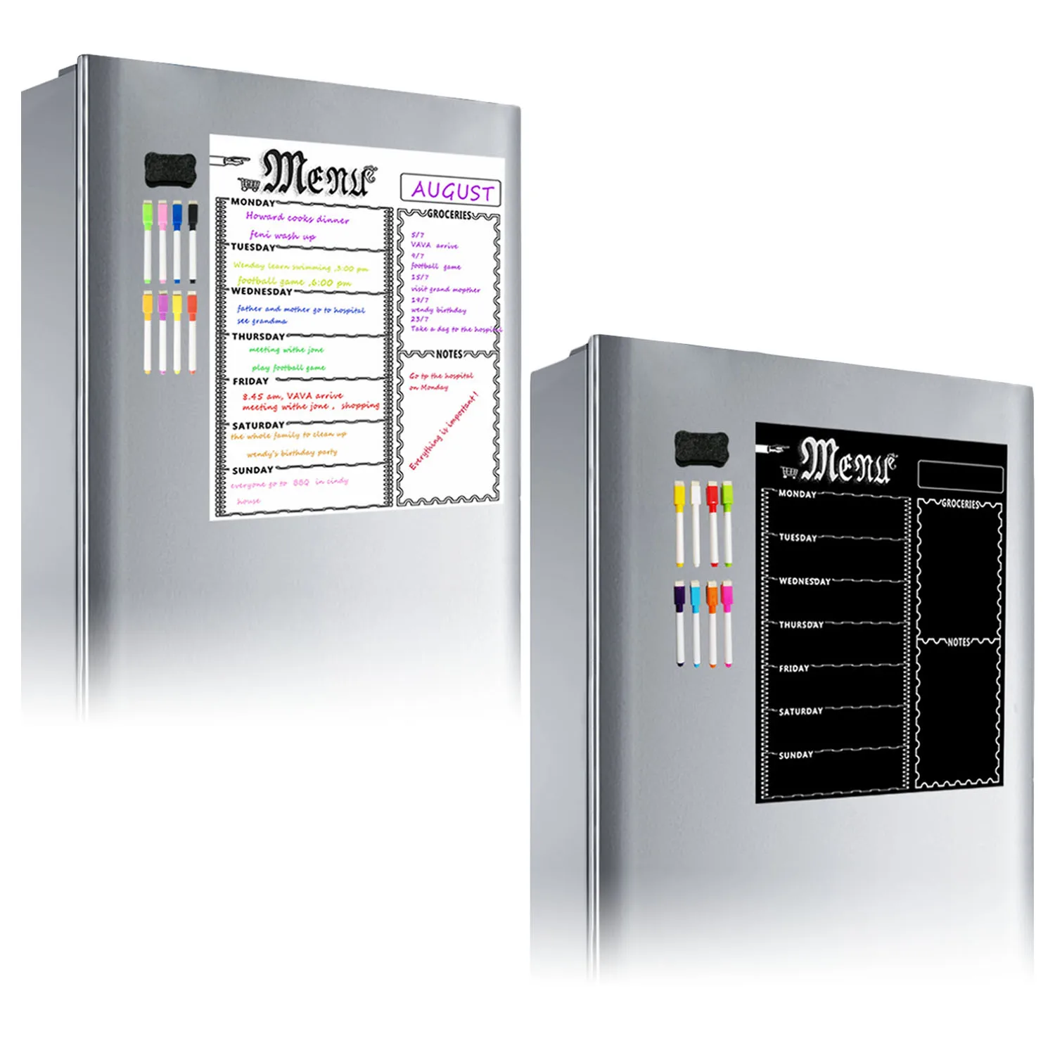 

Magnetic Menu Board Kitchen Fridge Board with 8 Color Chalk Markers Dry Erase Weekly Planner Grocery Chalkboard for Refrigerator