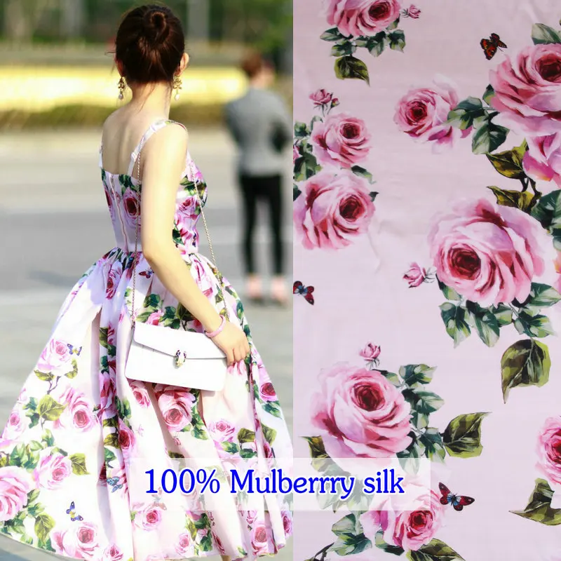 

120cm width silk stretch satin fabric.pink rose print nature silk satin DIY clothing 100% Mulberry silk fabric for women dress