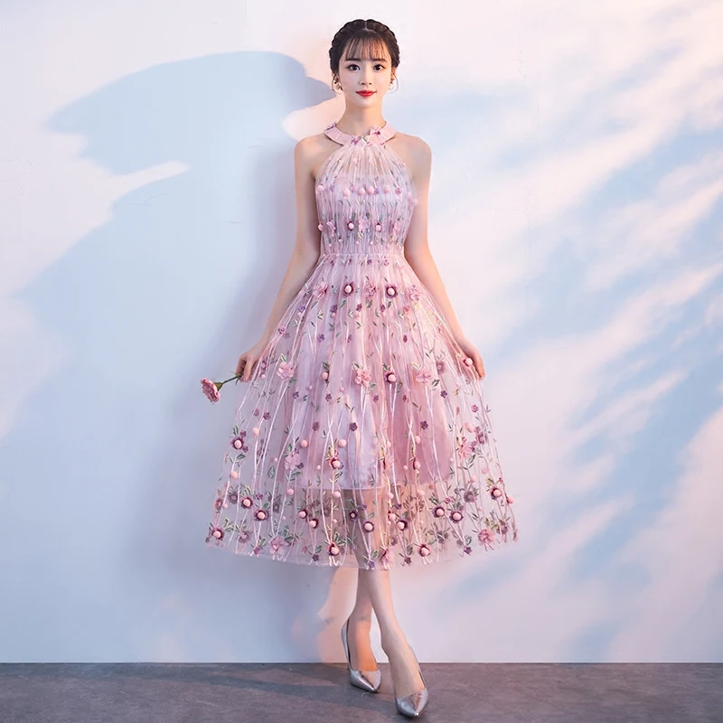 

Evening Dress Elegant Pink Halter Sleeveless Zipper Back Tea Length Flowers Tulle Lace Sweet Party Prom Dress Robe De Soiree