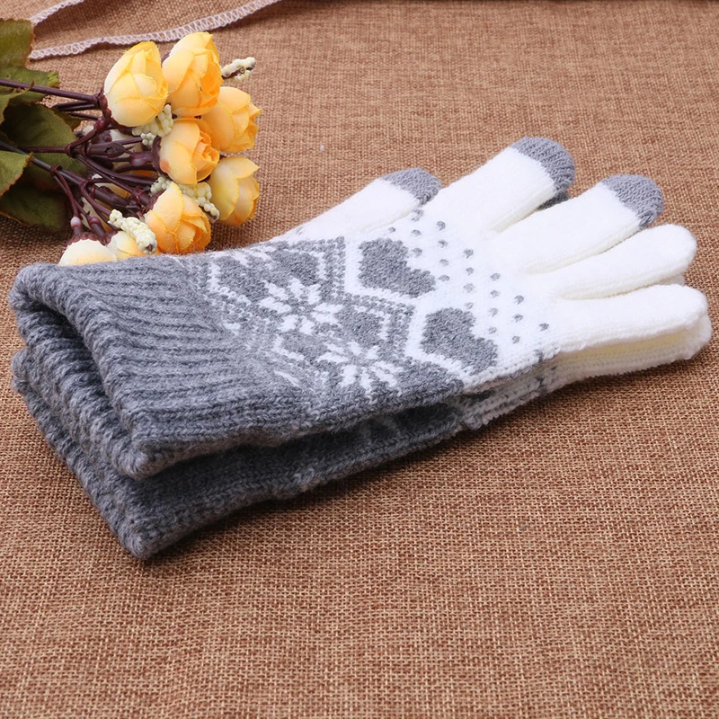 Зимние теплые перчатки для женщин и девочек, шерстяные эластичные варежки со снежинками