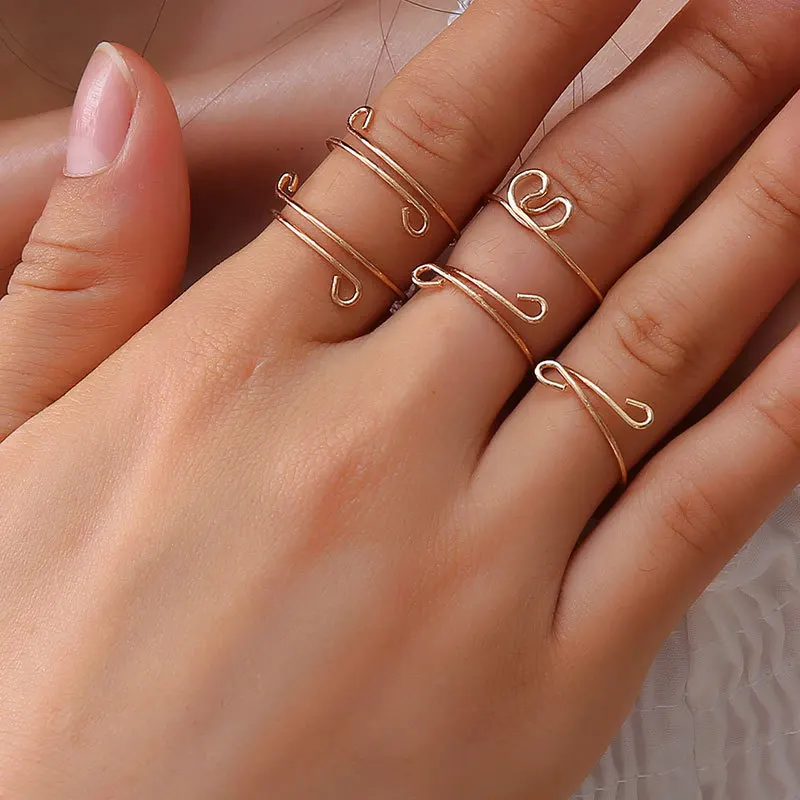 Minimalist Bending Metal 5 Pieces Silver Gold Ring Set Adjustable Rings