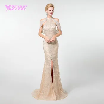 

YQLNNE Gold Mermaid Prom Dresses Long 2019 Halter Beadings Backless Formal Dress YQLNNE