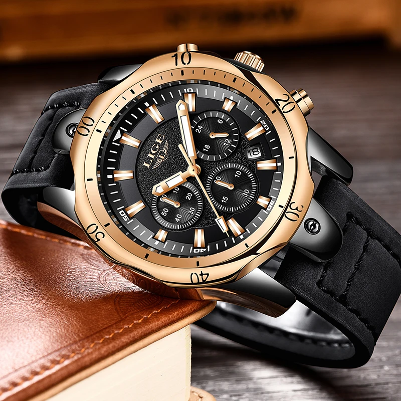 2018 LIGE Mens Watches Brand Luxury Gold Quartz Watch Men Casual Leather Military Waterproof Sport Wrist Watch Relogio Masculino