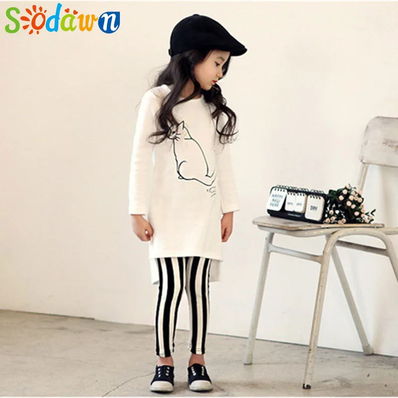 

Sodawn Spring Autumn New Fashion Cartoon Cat Long Sleeve Shirt Striped Pants Suit Children Clothing Girls Set Kids Clothes