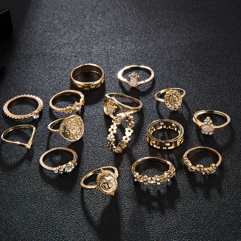 15 Pcs/set Boho Virgin Mary Snake Gold Color Rings Women Geometric Female Finger Rings Set Jewelry 3