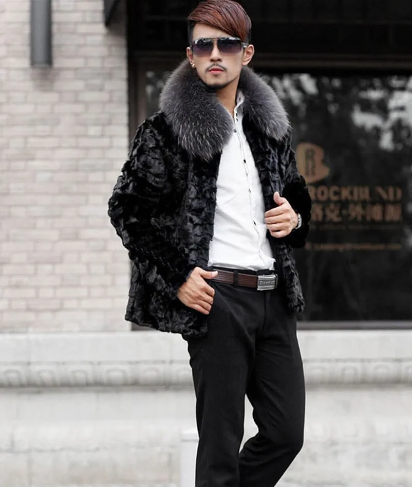 Новая мужская шуба, имитация норки мех меховой воротник пальто, черная норковая шуба Высококачественная Мужская норковая шуба