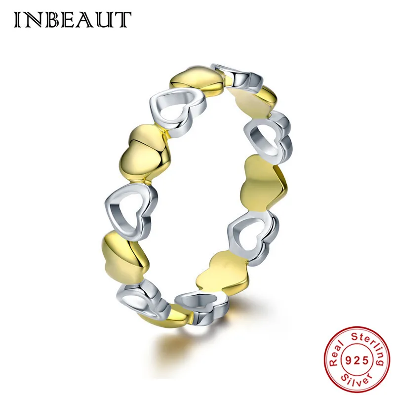 

INBEAUT Romantic Love Wedding 925 Sterling Silver Golden Stackable Little Cute Heart Hollow Ring for Women Engagement Party