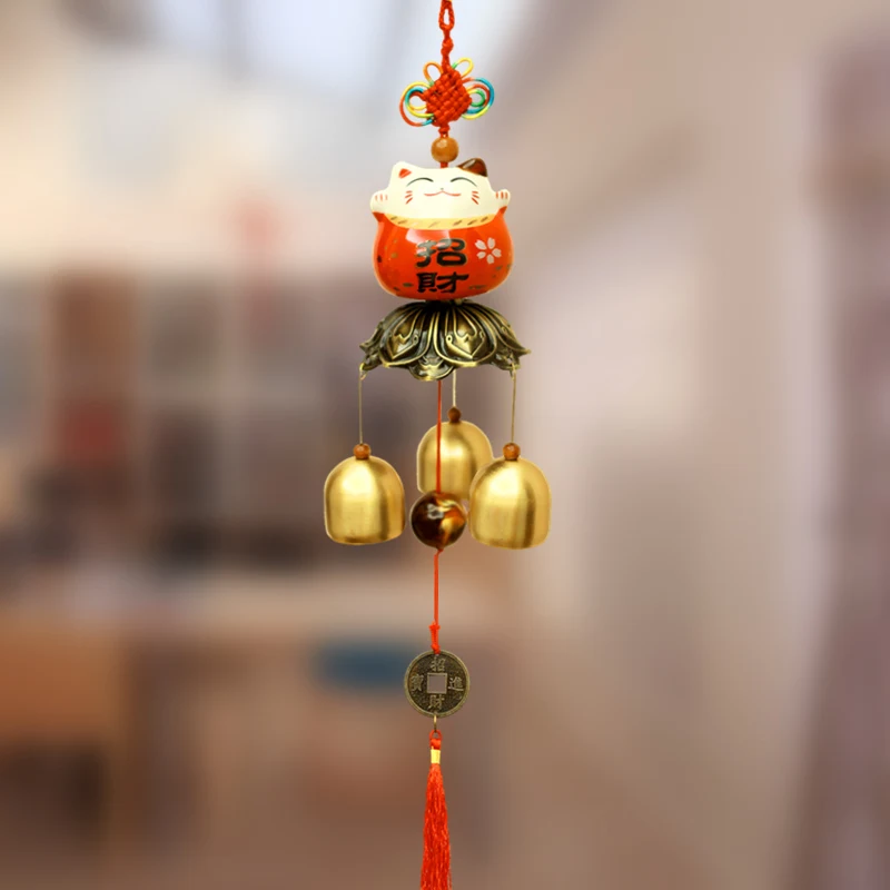

3 Bells Fortune Cat Style Wall Hanging Home Decor Copper Bell Wind Chimes Children Room Decoration Feng Shui Goods