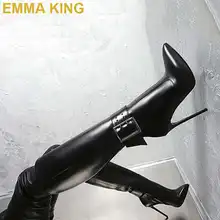 Пикантные женские сапоги до колена на высоком каблуке-шпильке женские осенние сапоги черного цвета из искусственной кожи с острым носком высокие сапоги с пряжкой и ремешком; Botas Mujer;