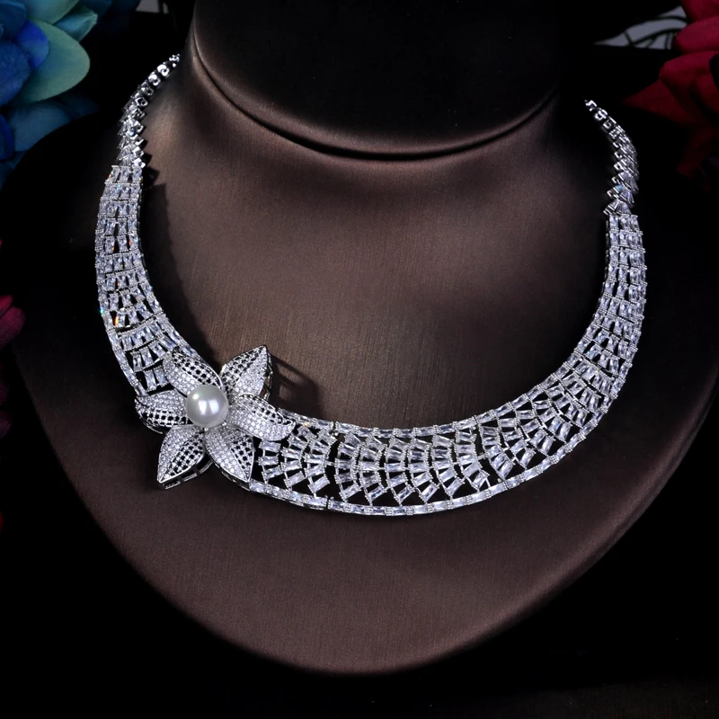Hibride роскошь в форме большого цветка Полный Украшенные фианитами ювелирные комплекты dubai для Для женщин свадебные аксессуары жемчужный браслет ювелирные изделия N-764