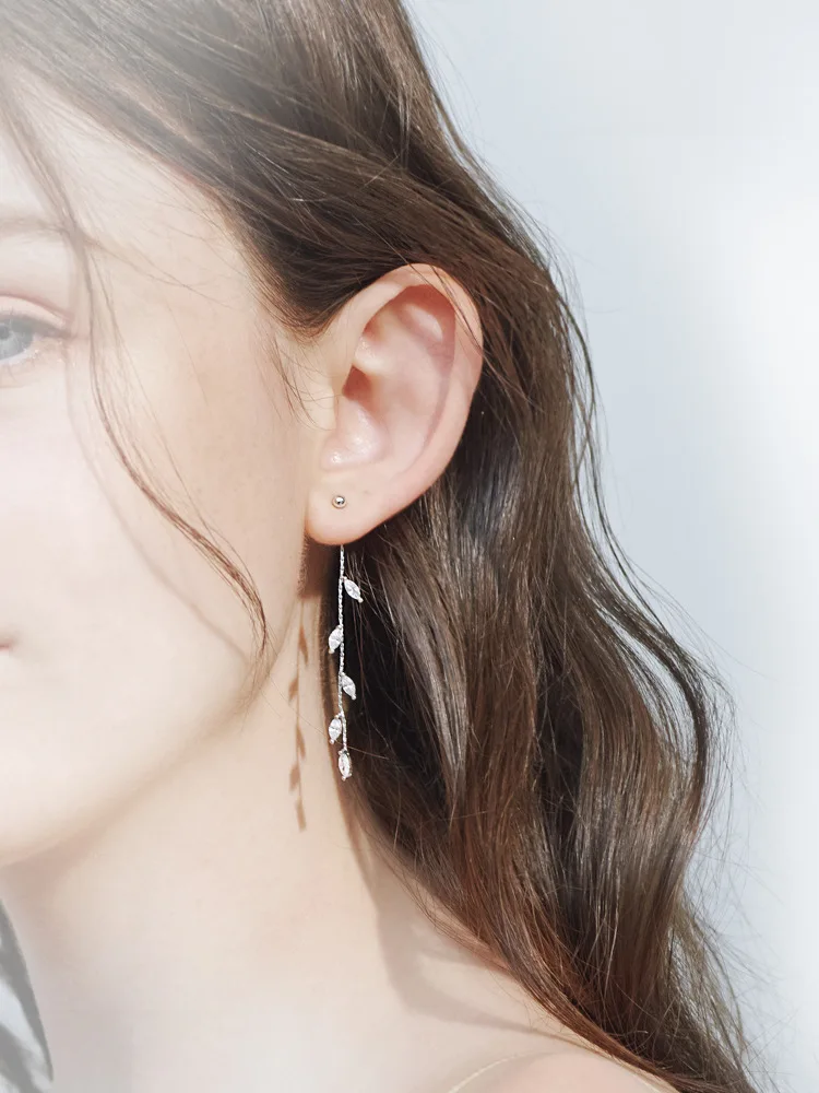 Olive leaf insert CZ tassel earring 100% 925 Sterling silver Jewelry fashion Hypoallergenic Stud earrings for women girl gift