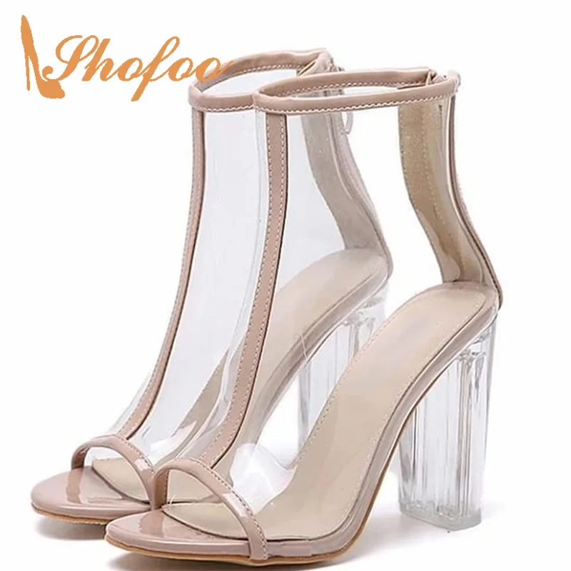 

Nude Female Summer Clear Booties Shoes Peep Toe Ankle Boots Woman High Square Heels Zipper Large Size 33 36 Fashion Mature 2021