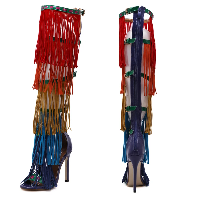 

Women Gladiator Sandals Sexy Zip Fringe High Heels Shoes Woman Colorful Cool Boots Fashion T Station Party Ladies Shoes Pumps
