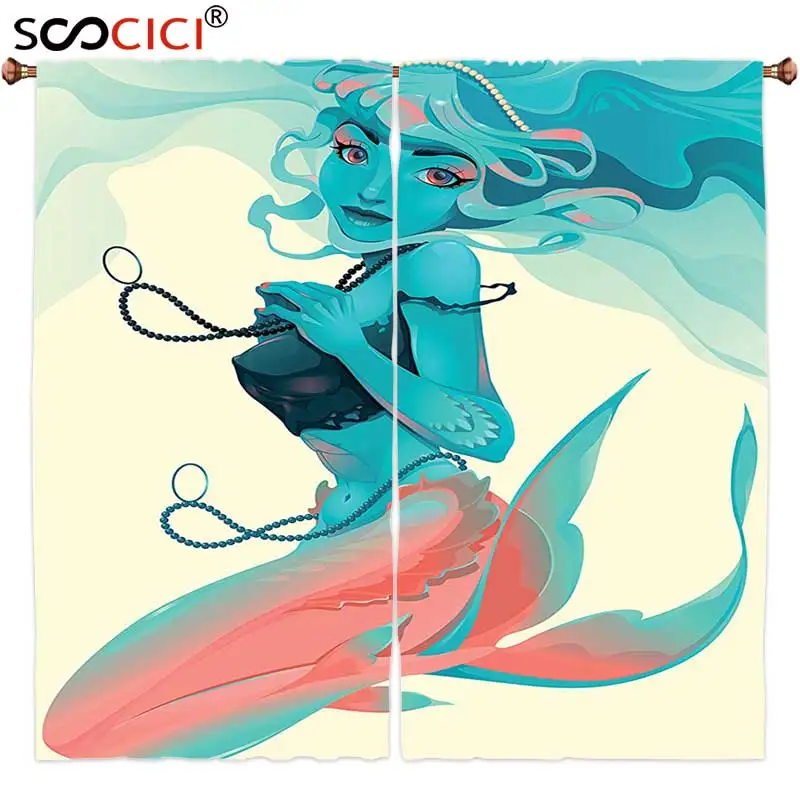 

Window Curtains Treatments 2 Panels,Mermaid Decor Portrait of Gothic Style Mermaid with Jewelry and Makeup Mythological Art