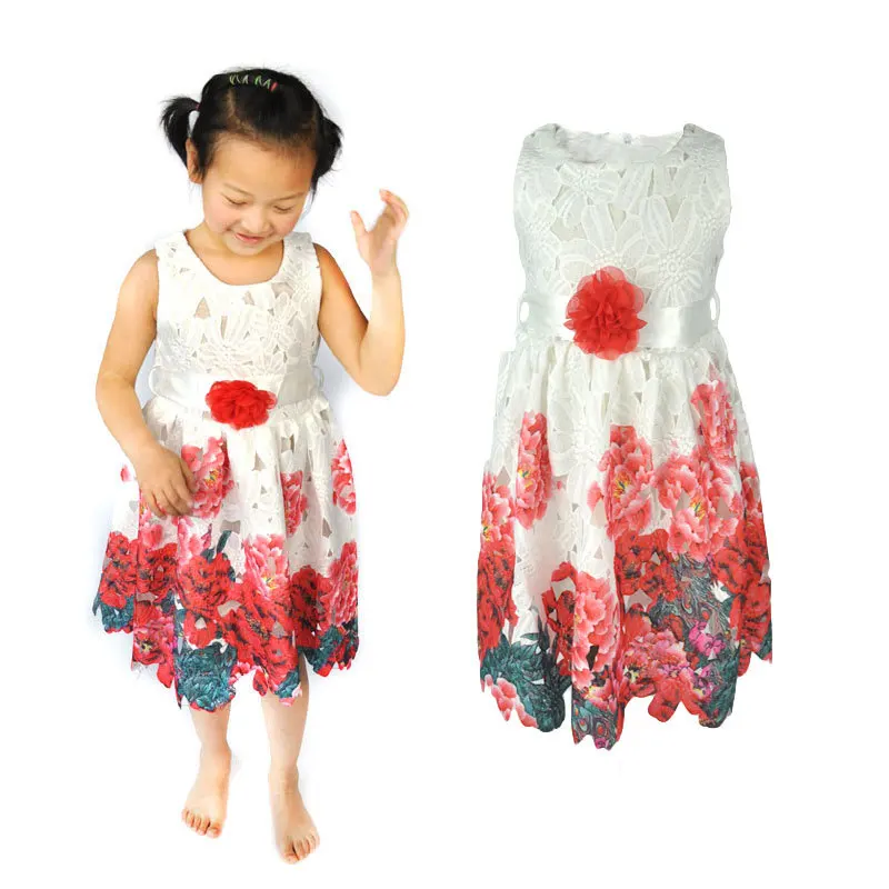 

2016 Summer mid summer girl new dress dress hollowed out, hook flower princess skirt with waist belt famous wind dress.