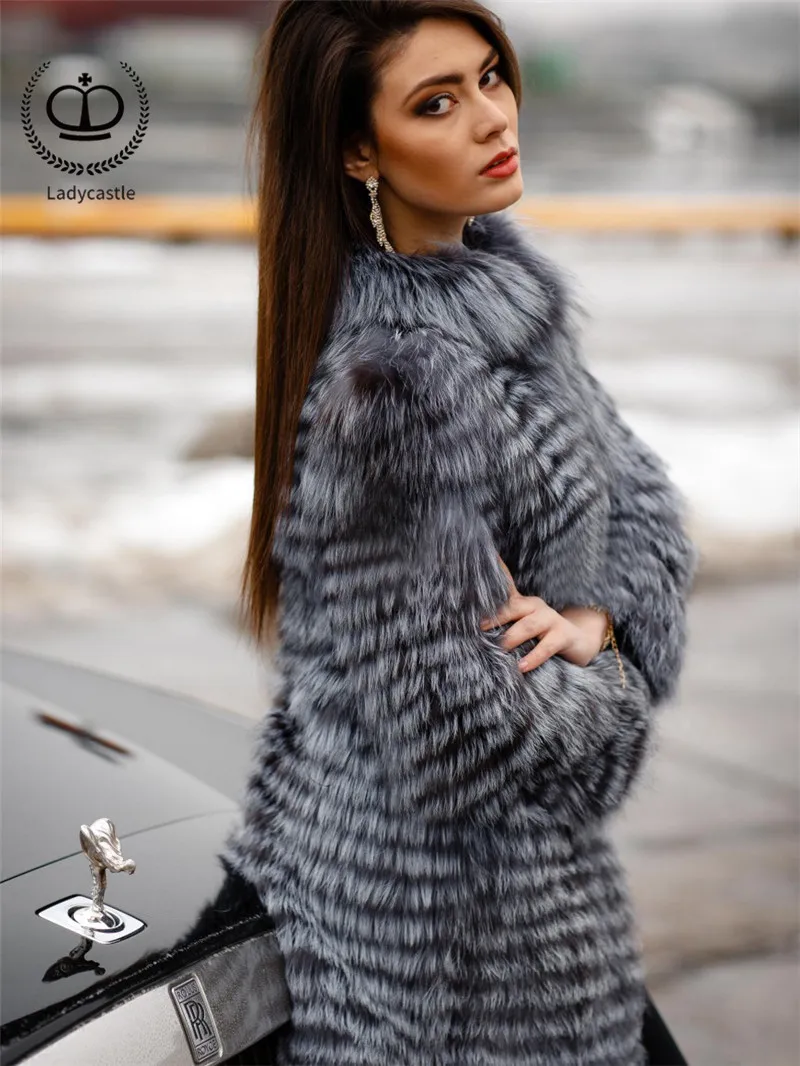 Flash Deal 2018 New Real Sliver Fox Fur Coat With O-Neck Collar Long Jacket Big Size For Women Down Fox Fur Coat From Natural Winter FC-044 12