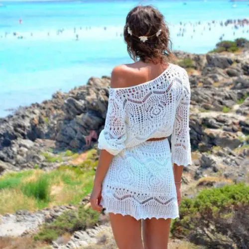 

Sexy Women Lace Crochet Bikini Cover Up 2019 Summer Beach Dress White Hollow Out Tunic Swimwear Swimsuit Cover-ups