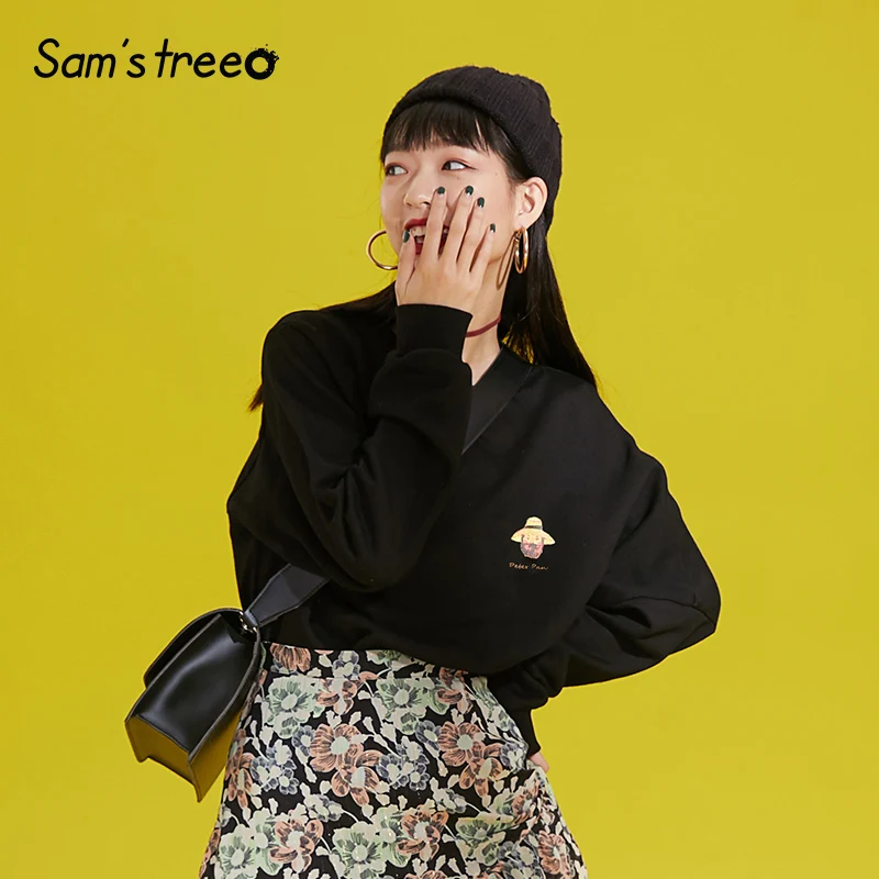 

Women Character Prints Sweatshirts Basic Long Sleeve Tops Female O Neck Asymmetry Hem Hoodies Casual Sweatshirt