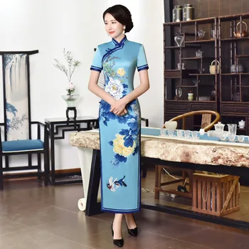 

2019 Long Cheongsam Vintage Chinese style Mandarin Collar Dress Womens Summer Rayon Qipao Slim Party Dresses Vestido S to XXXXL
