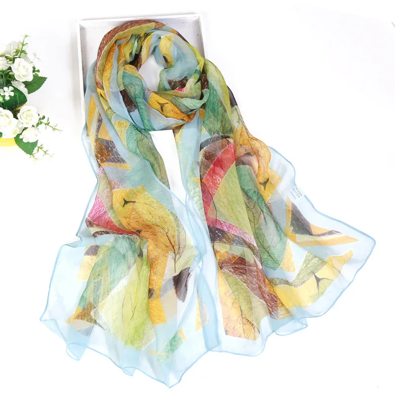 Новый Ms. тонкий срез шарф шарфы оптом моделирование шелк экстравагантный шарф декоративные Защита от солнца геометрический шарф с листьяим