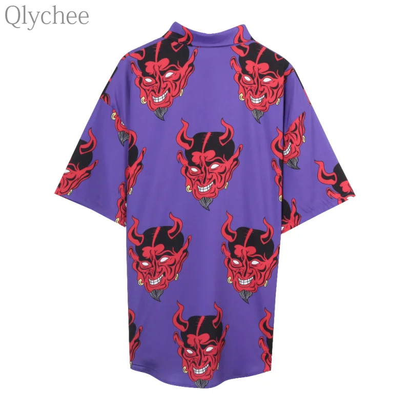 Qlychee Harajuku Demon Blouse Button Turn Down Collar Short Sleeve Shirts Women Summer Casual Loose Tops