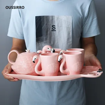 

Exquisite Pink Flamingo Teapot set Mug 3D Animal Cup Teaware Girl Ceramic Porcelain Coffee Mug Birthday Gift Home Decoration