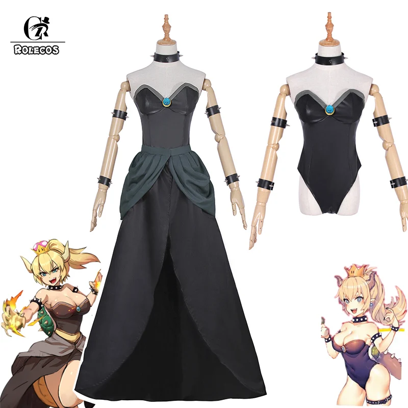 

ROLECOS Anime Bowsette Cosplay Costume Kuppa Koopa Hime Princess Cosplay Dress Sexy Jumpsuit Black Women Dress for Party