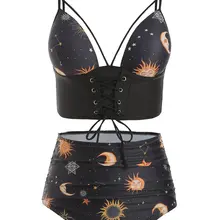 Lace Up Ruched Sun And Moon Tankini Swimsuit Beach Wear Halter Strap Backless Bikini Set High Waist Swimwear Women Biquini