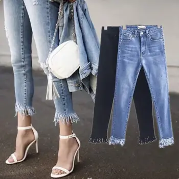 

Jeans Women Fashion Destroyed Ripped Pants pearled Slim Denim Pants Boyfriend Jeans Black Blue Tassels Trousers For Women