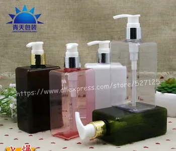 

300ml pretty colors square PET bottle with shiny silver/gold pump.lotion/hand wash/Shampoo/moisturizer/facial water PET bottle