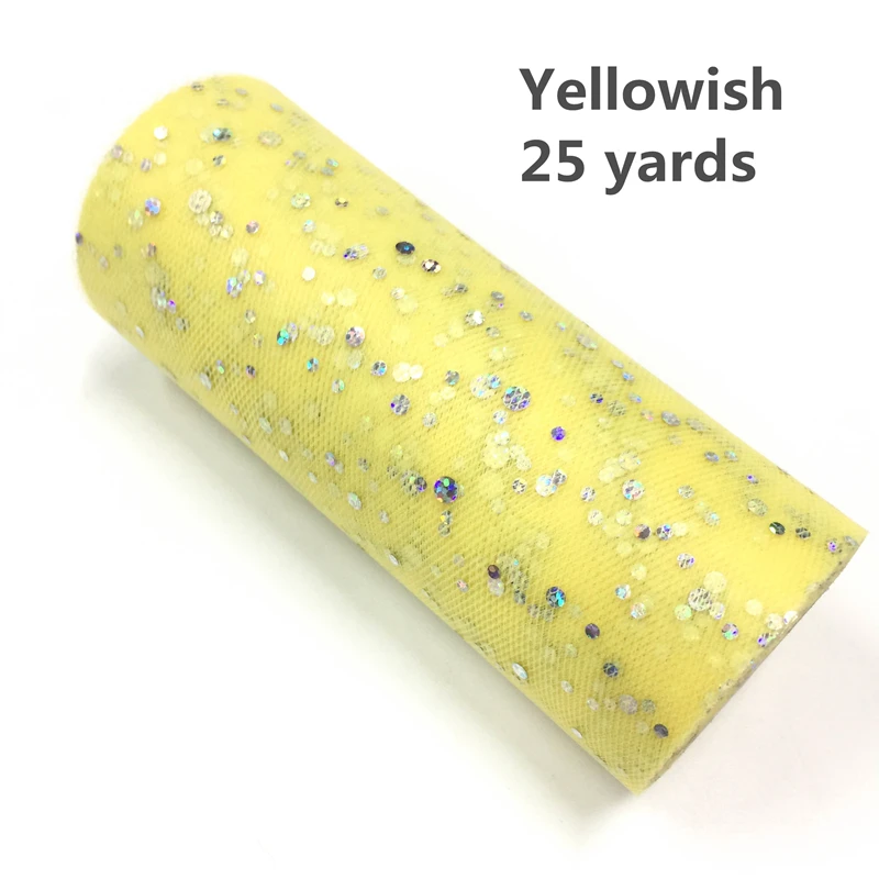 Белый розовый блеск рулон тюля с блестками 25 ярдов 15 см катушка пачка Свадебная отделка органзы лазер DIY ремесло день рождения поставки - Цвет: Yellowish