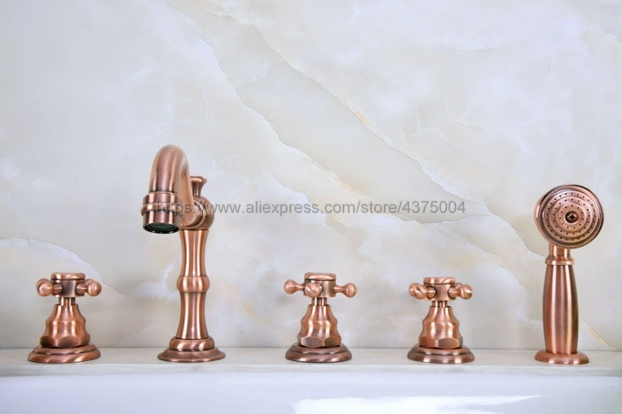 Antique Red Copper Deck Mounted 3 Handles Bathroom Tub Faucet 5 Holes Hand Shower Sink Mixer Tap Ntf222