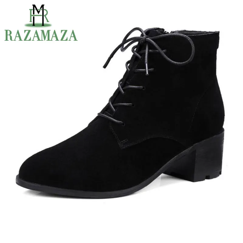 

RAZAMAZA Fashion Women Ankle Boots Real Leather Flock Pointed Toe Square Heels Cross-Strap Shoes Women Size 33-42