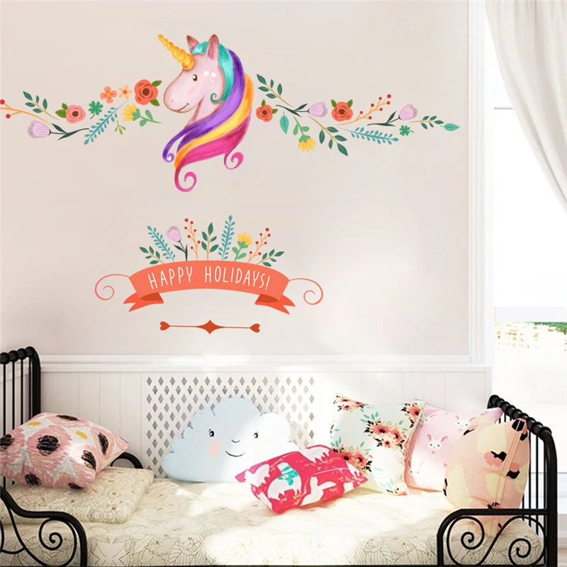 Cute Unicorn With Flower Vine Wall Stickers For Kids Room Girls Bedroom Home Decoration Animal Mural Ar Diy Wall Decals Wall Stickers Aliexpress