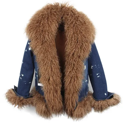 Пальто с натуральным мехом, зимняя куртка, женская джинсовая парка, воротник из натурального меха монгольской овцы, капюшон, Толстая теплая меховая подкладка, уличная одежда - Цвет: color 2