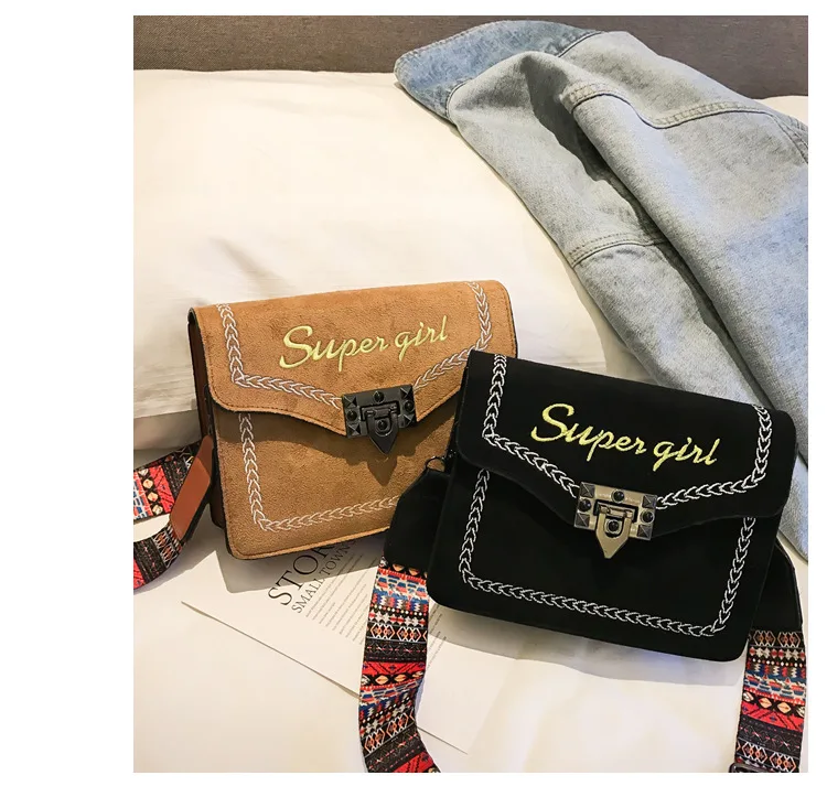 Women's Suede Leather Vintage Handbag Metal Lock Crossbody Bag with Colorful Strap Stylish Girl Red Black Brown Cross Body Purse (7)