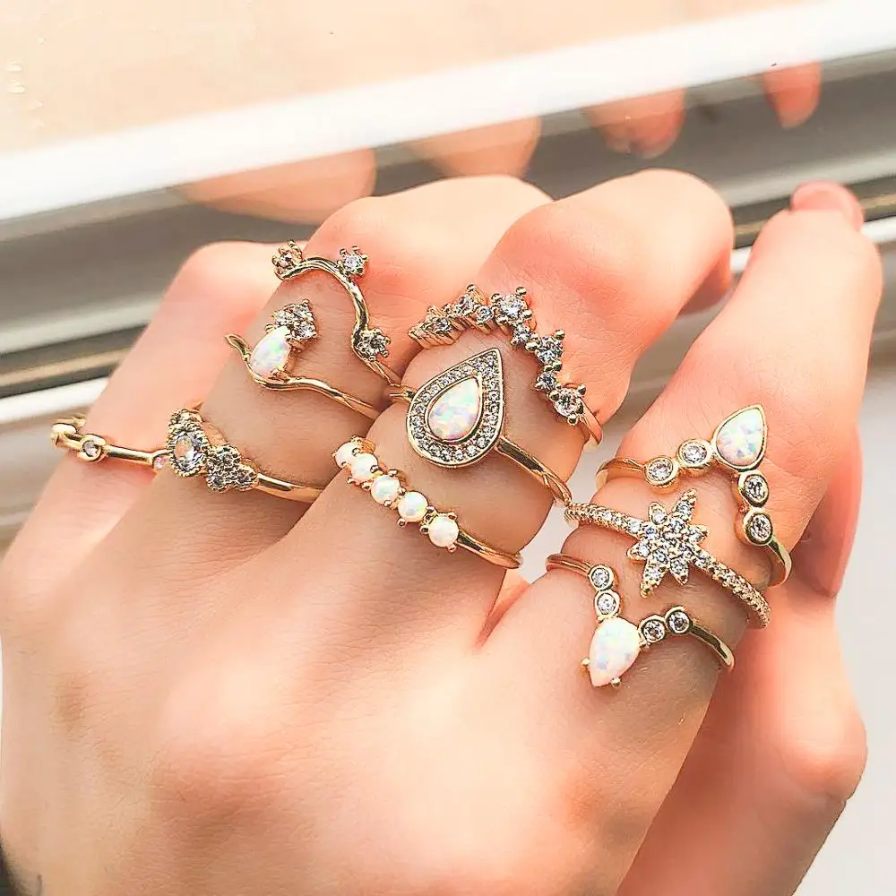 

10 Pcs/Set Vintage Star Crown Opal Ring Set for Women Crystal Handmade Leaf Heart Sun Crown Rings Ethnic Boho Party Jewelry