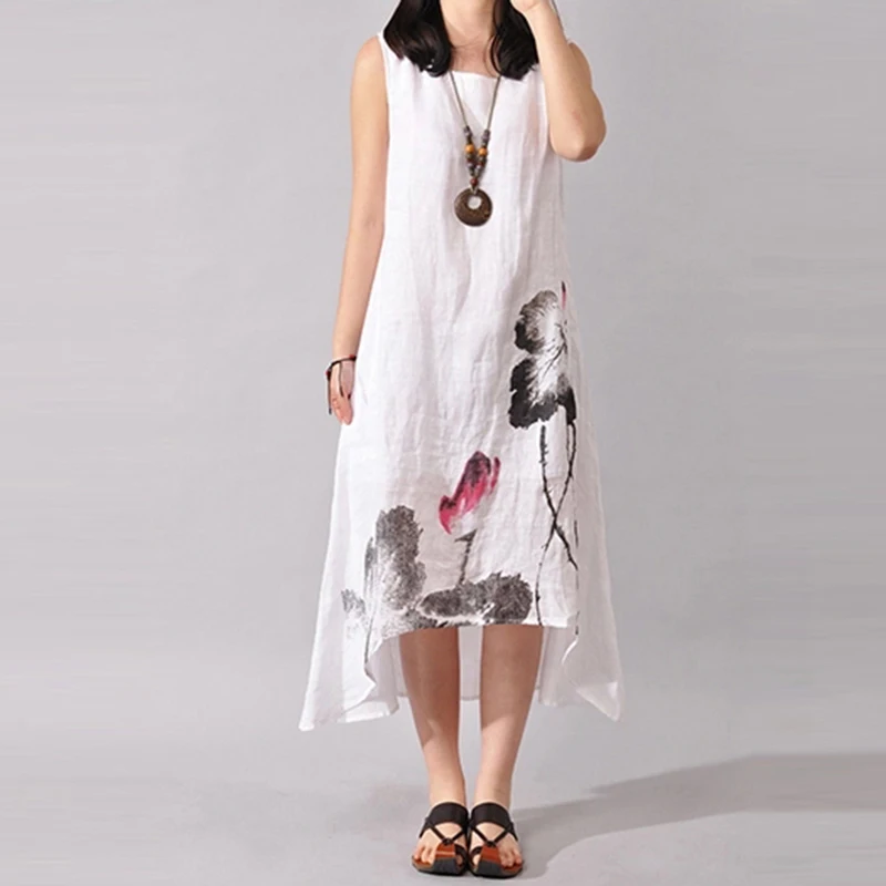 Vintage Cotton Linen Long Dresses Summer Female Print Sleeveless Loose ...