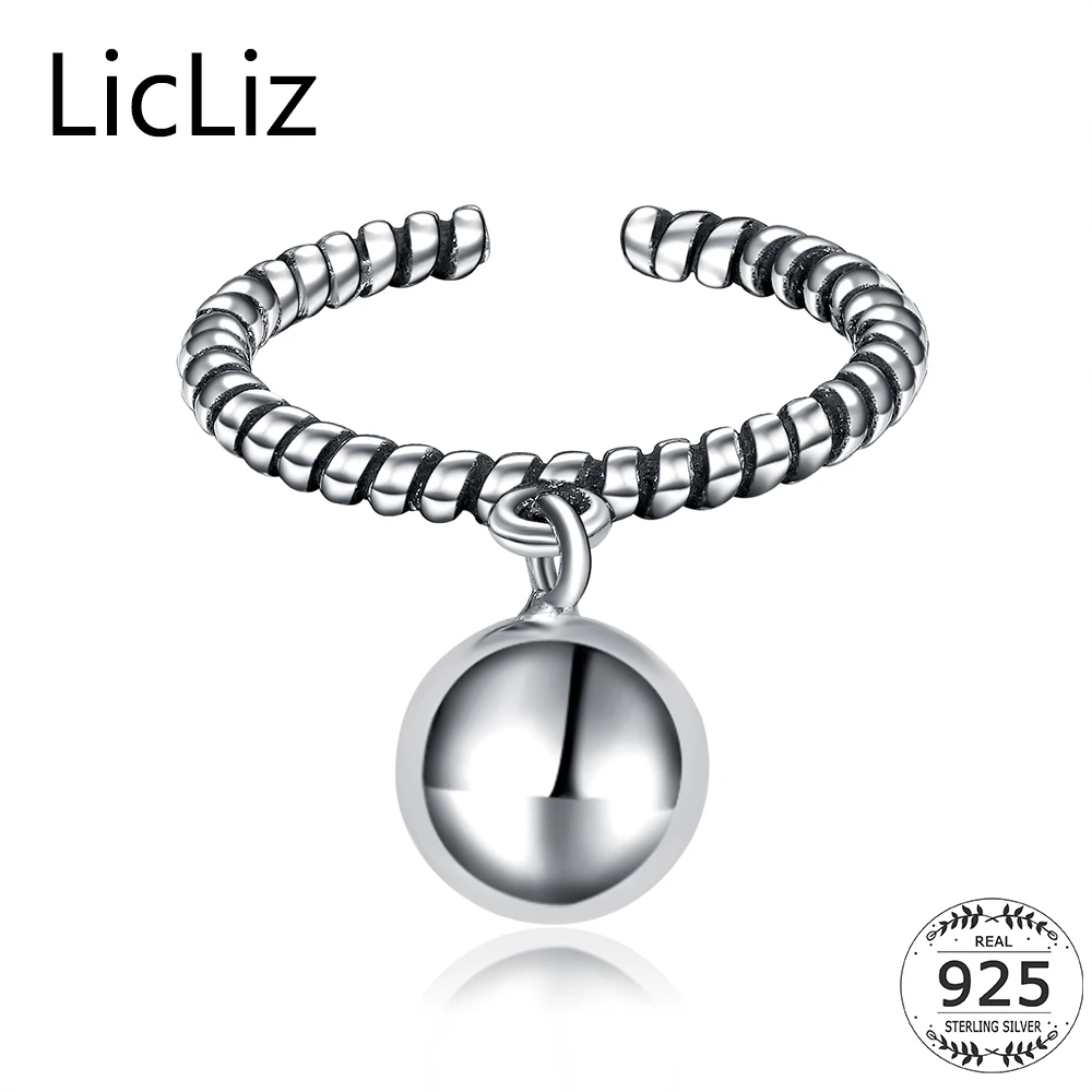 

LicLiz 925 Silver-Sterling-Jewelry Big Ball Dangle Ring For Women Braided Ring Twisted Plain Ring Open Adjustable Band LR0321
