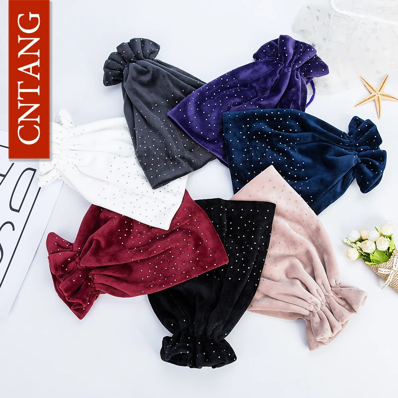 CNTANG Women Rhinestones Velvet Hats Winter Warm Fashion Tied hair Ponytail Hat For Female Autumn Flannel Caps Skullies Beanies 5