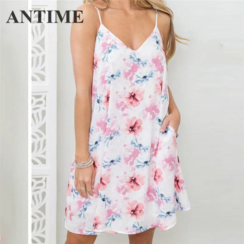 

ANTIME Short Graceful Dress Sleeveless Floral A Line Spaghetti Strap Spring Summer Casual Pockets Sweet Women Sexy Dresses Mini