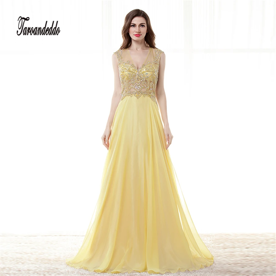 Image A line Sleeveless Yellow Chiffon Prom Dresses 2017 Rhinestone Beading Feathered Robe De Soiree Elegant Long Evening Dresses